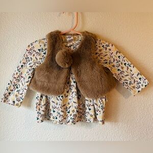 Baby Essentials Baby Girl Floral Dress Top & Faux Fur Vest Size 6 Months